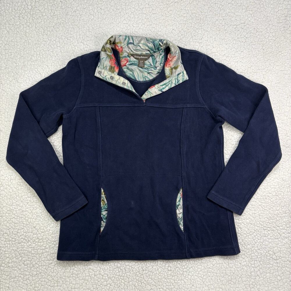 Tommy Bahama Womens 1/4 Snap T Sweatshirt Pullover Size Small Navy Floral Lined